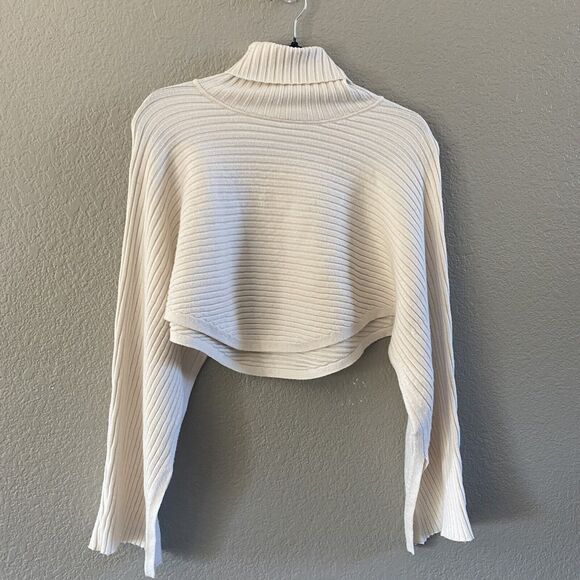 Free People Sweater Billie Mock Neck Womens XS Ivory Crop Ribbed Oversized Boho - Picture 6 of 15